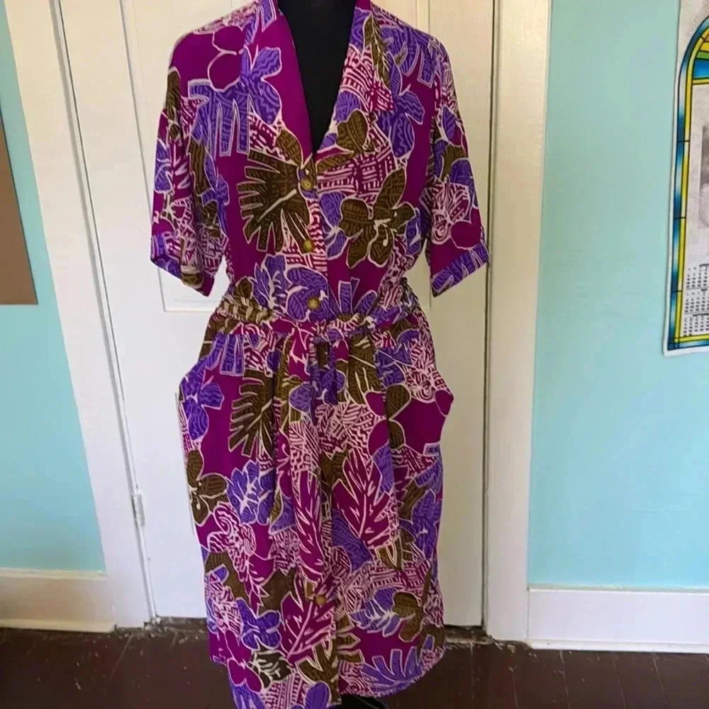 Leslie Faye vintage purple Montsera waist tie pocket dress 14 